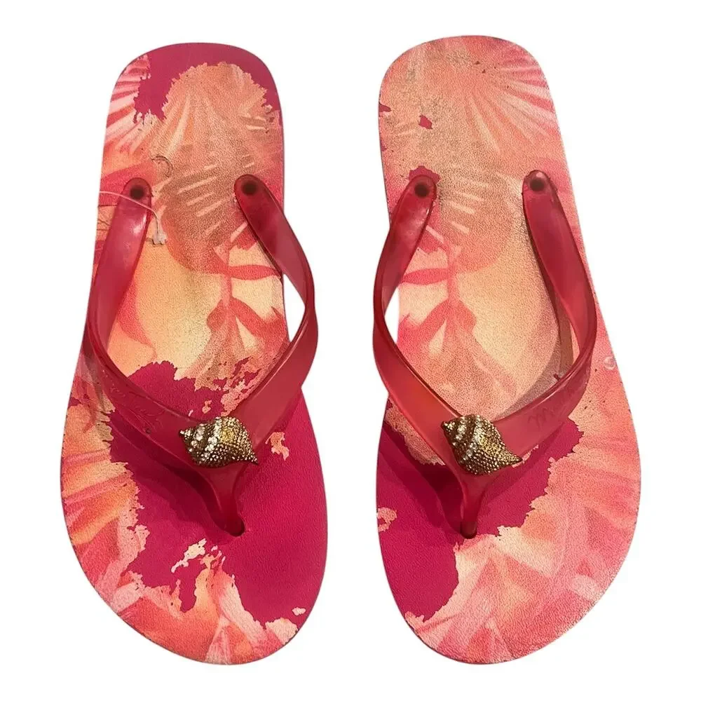 Miss Trish Tropical Pink Shell Rhinestone Flip Flops Y2K Resort Sandals 7